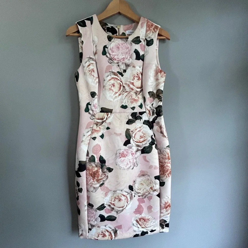 calvin klein rose gold dress | Dresses | Calvin Klein Pink Floral Scuba Sheath Sleeveless Zip Size 8 Open Criss Cross Back